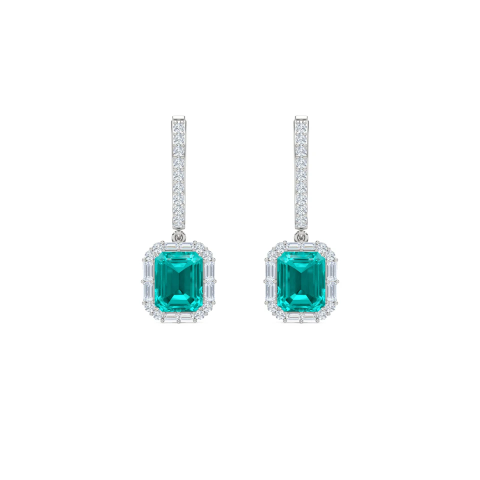 8.00ct Emerald Cut Lab Paraíba Halo Drop Earrings in 14K White Gold