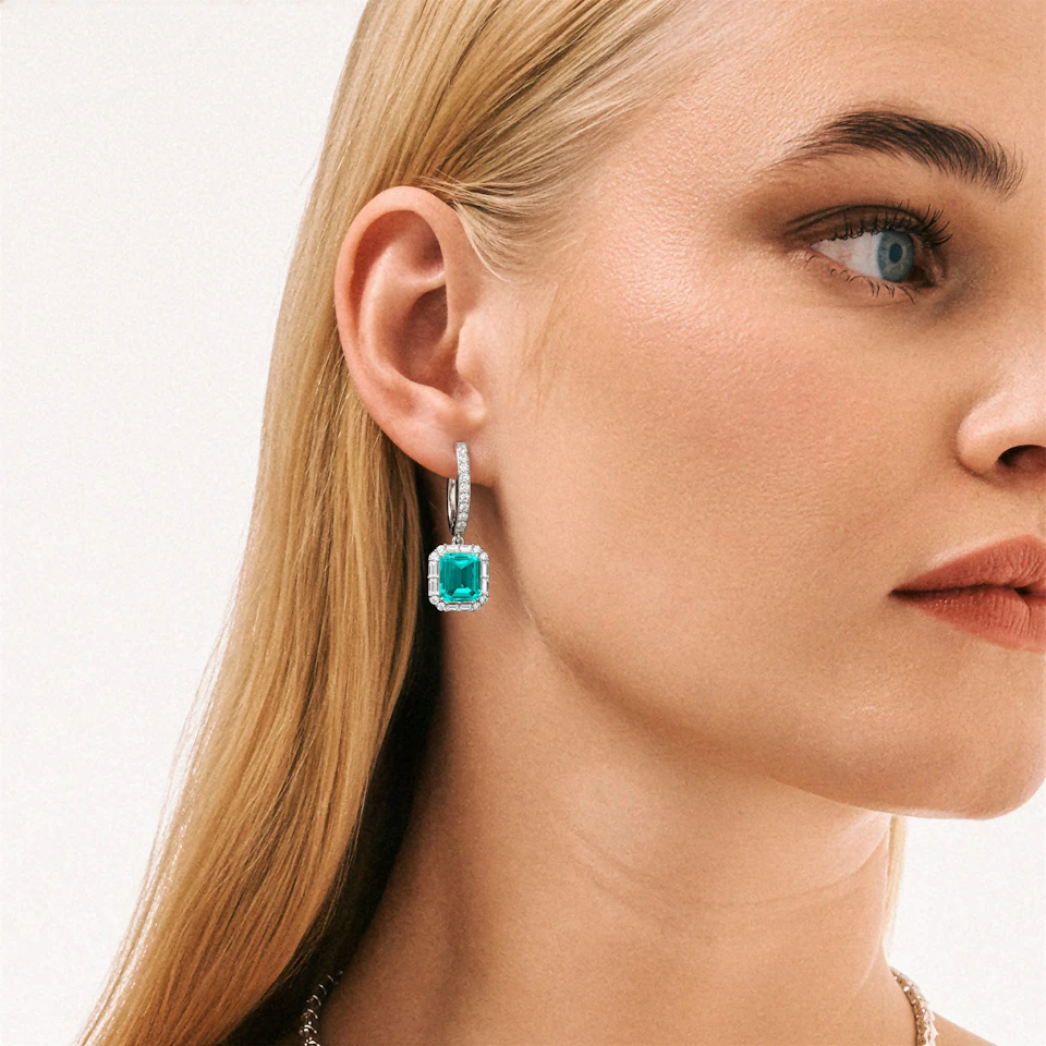 8.00ct Emerald Cut Lab Paraíba Halo Drop Earrings in 14K White Gold