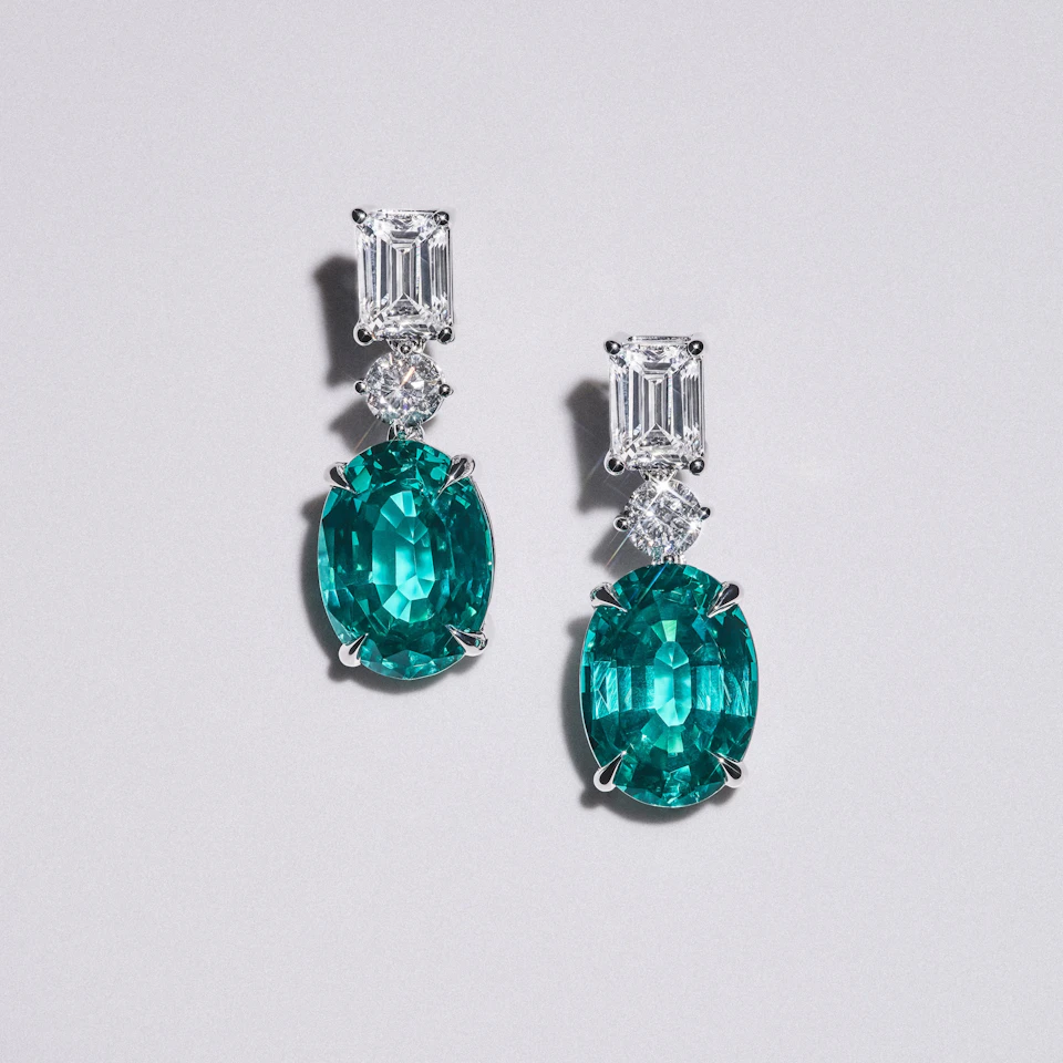 10.00ct Oval Cut Lab Paraíba Drop Earrings in 14K White Gold