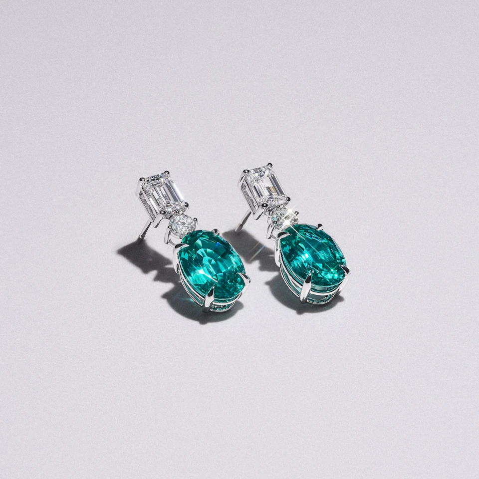 10.00ct Oval Cut Lab Paraíba Drop Earrings in 14K White Gold