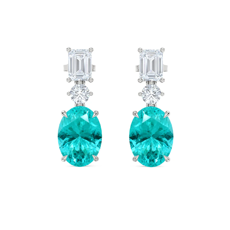10.00ct Oval Cut Lab Paraíba Drop Earrings in 14K White Gold