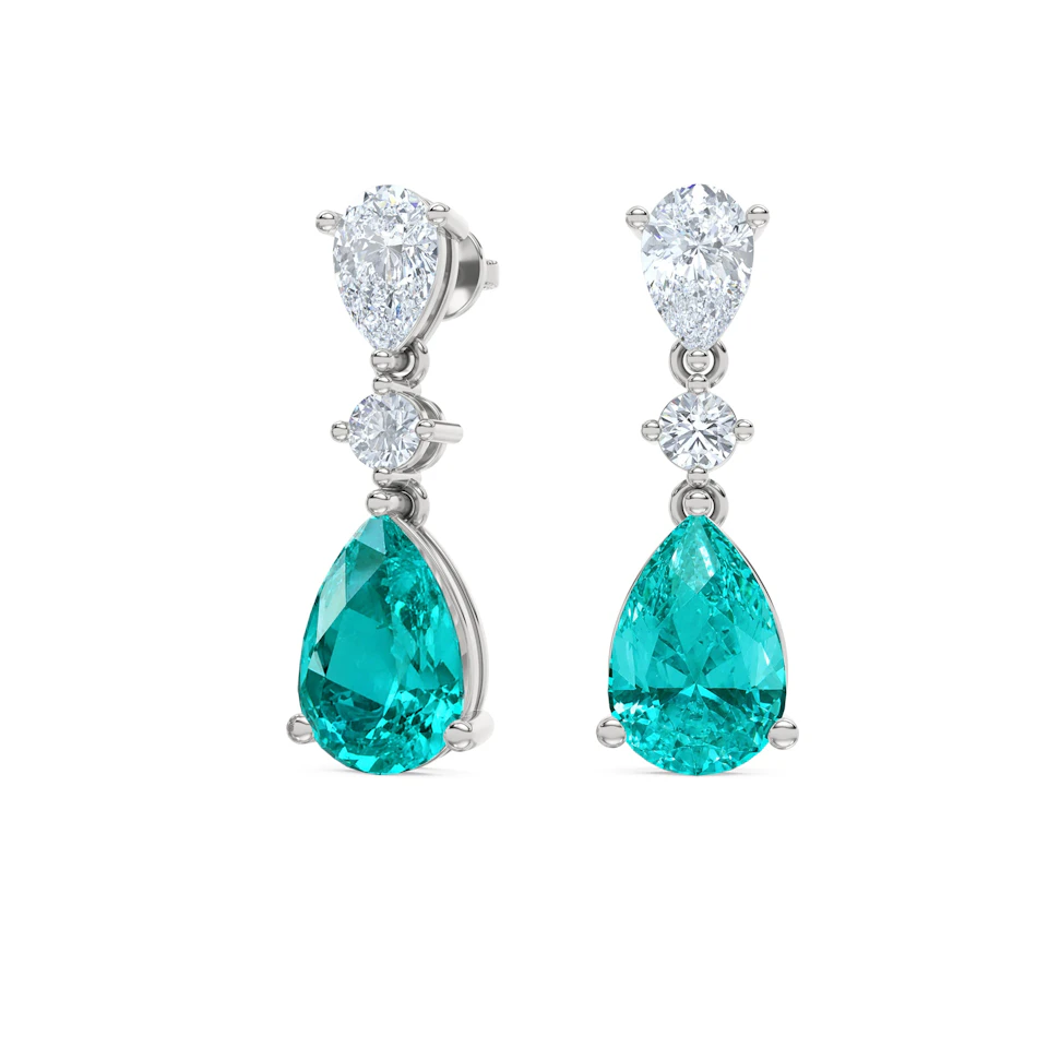9.00ct Pear Cut Lab Paraíba Drop Earrings in 14K White Gold