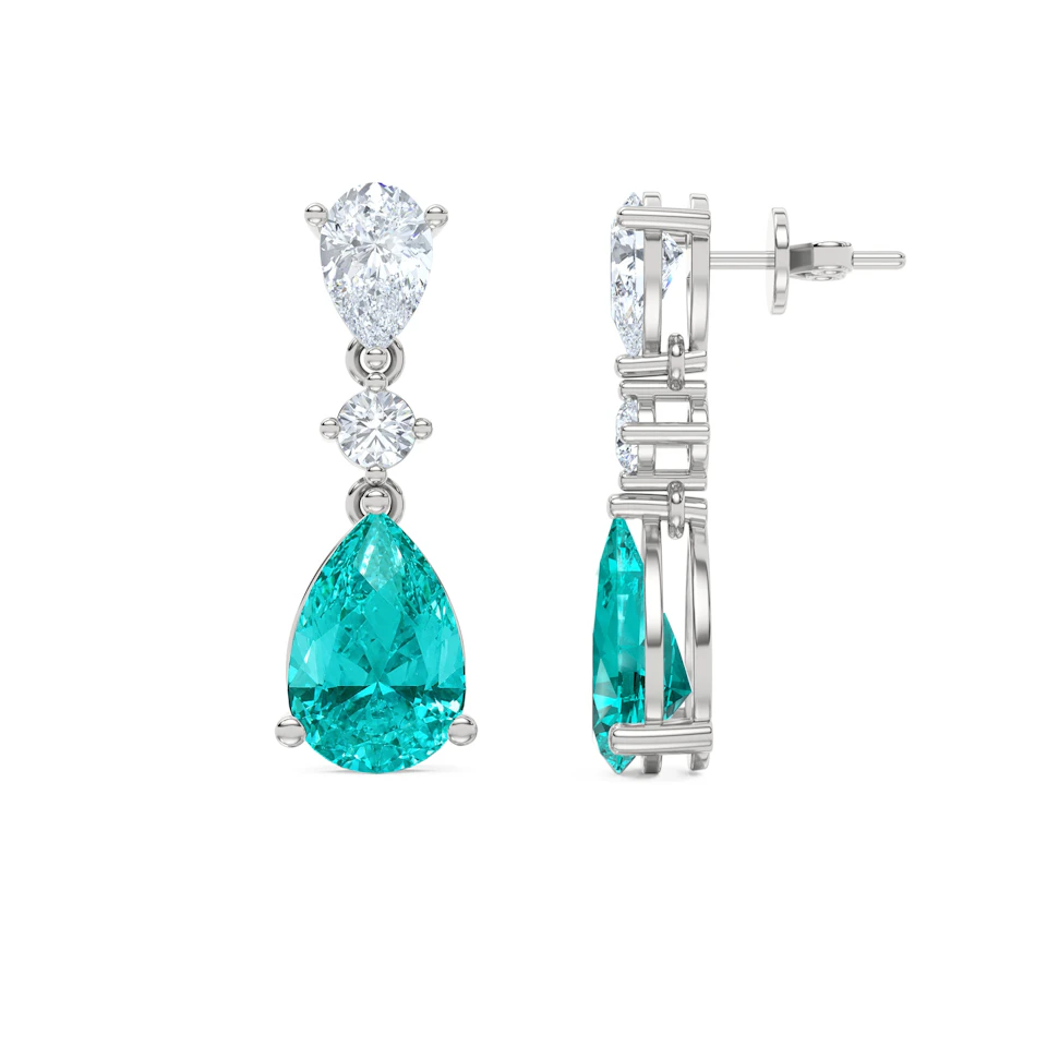 9.00ct Pear Cut Lab Paraíba Drop Earrings in 14K White Gold