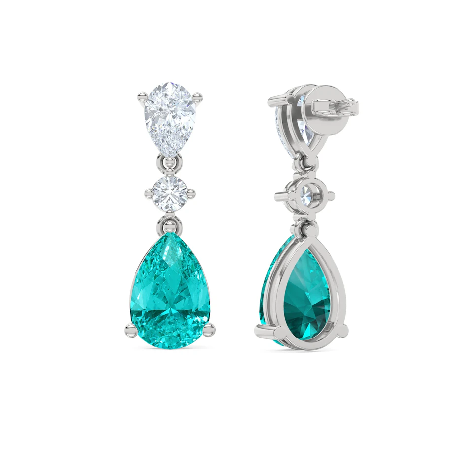9.00ct Pear Cut Lab Paraíba Drop Earrings in 14K White Gold