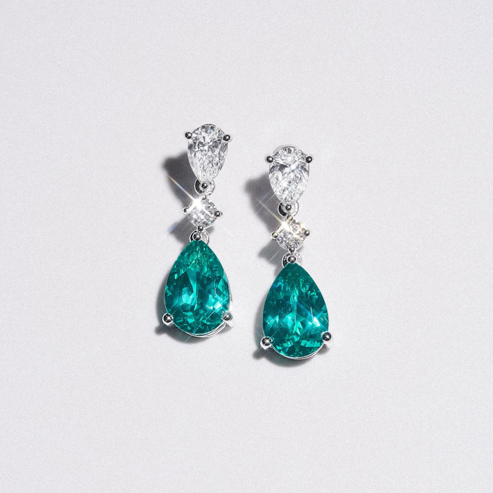 9.00ct Pear Cut Lab Paraíba Drop Earrings in 14K White Gold