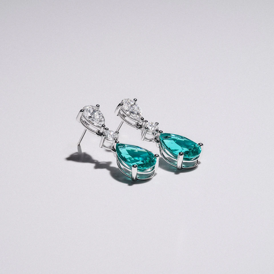 9.00ct Pear Cut Lab Paraíba Drop Earrings in 14K White Gold