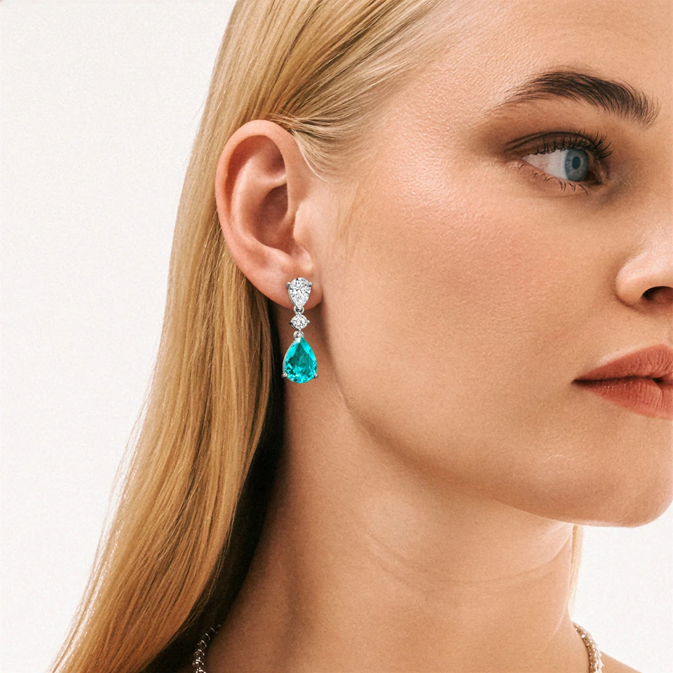 9.00ct Pear Cut Lab Paraíba Drop Earrings in 14K White Gold