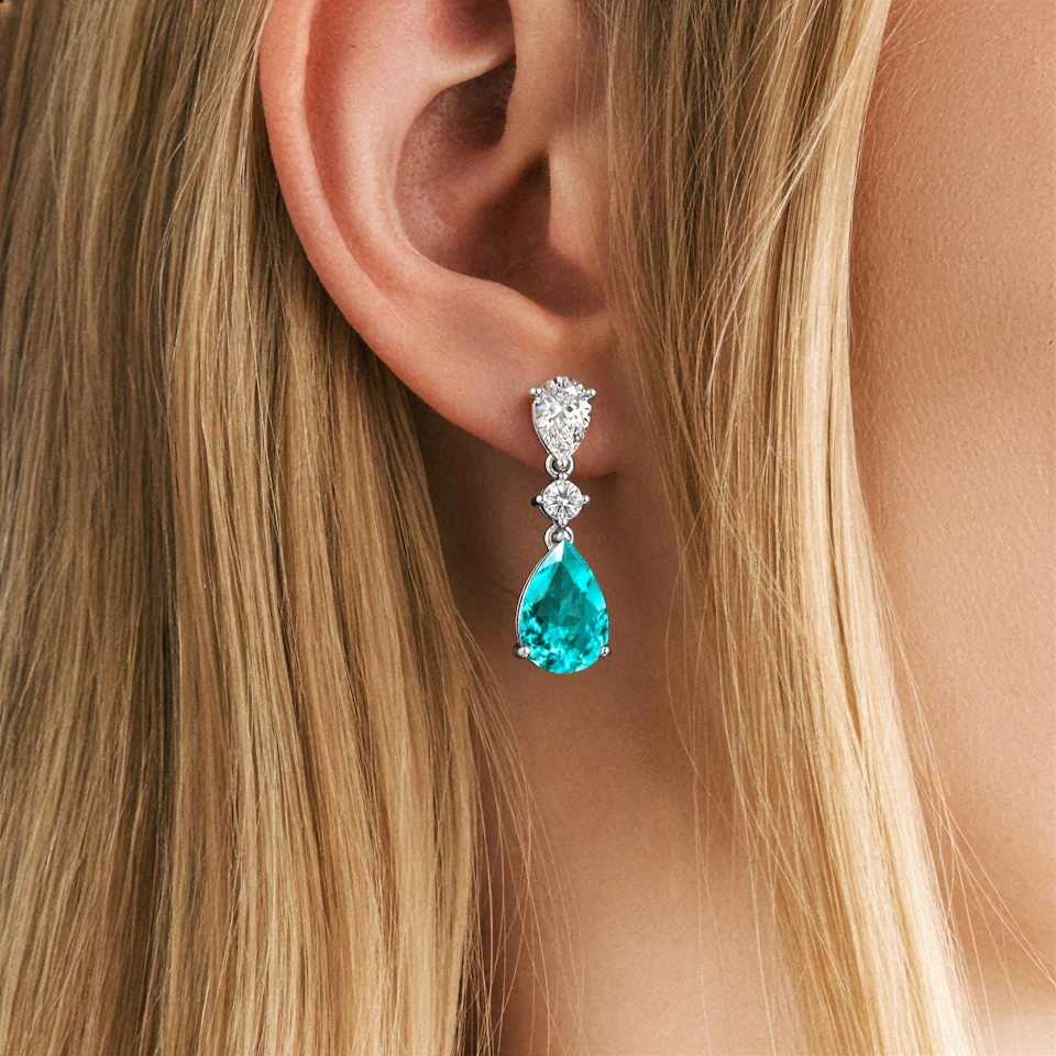 9.00ct Pear Cut Lab Paraíba Drop Earrings in 14K White Gold