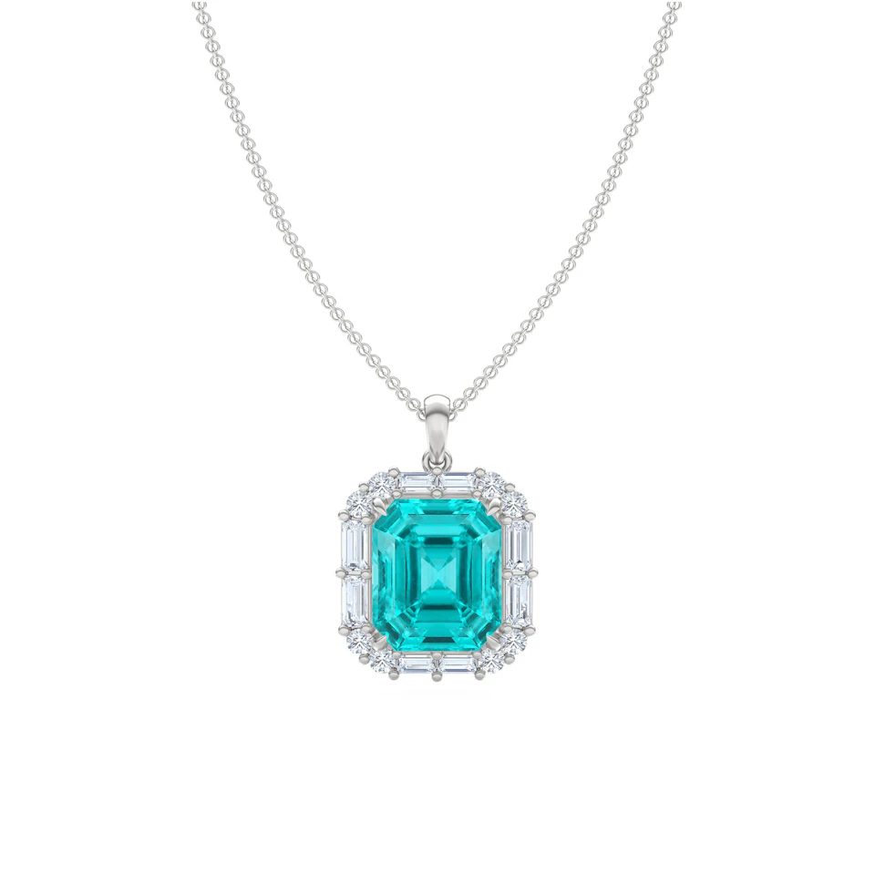 7.00ct Emerald Cut Lab Paraíba Halo Pendant Necklace in 14K White Gold