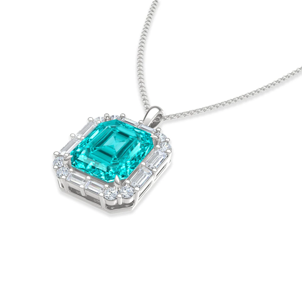 7.00ct Emerald Cut Lab Paraíba Halo Pendant Necklace in 14K White Gold