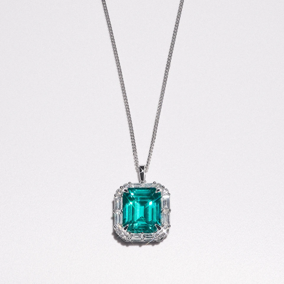 7.00ct Emerald Cut Lab Paraíba Halo Pendant Necklace in 14K White Gold