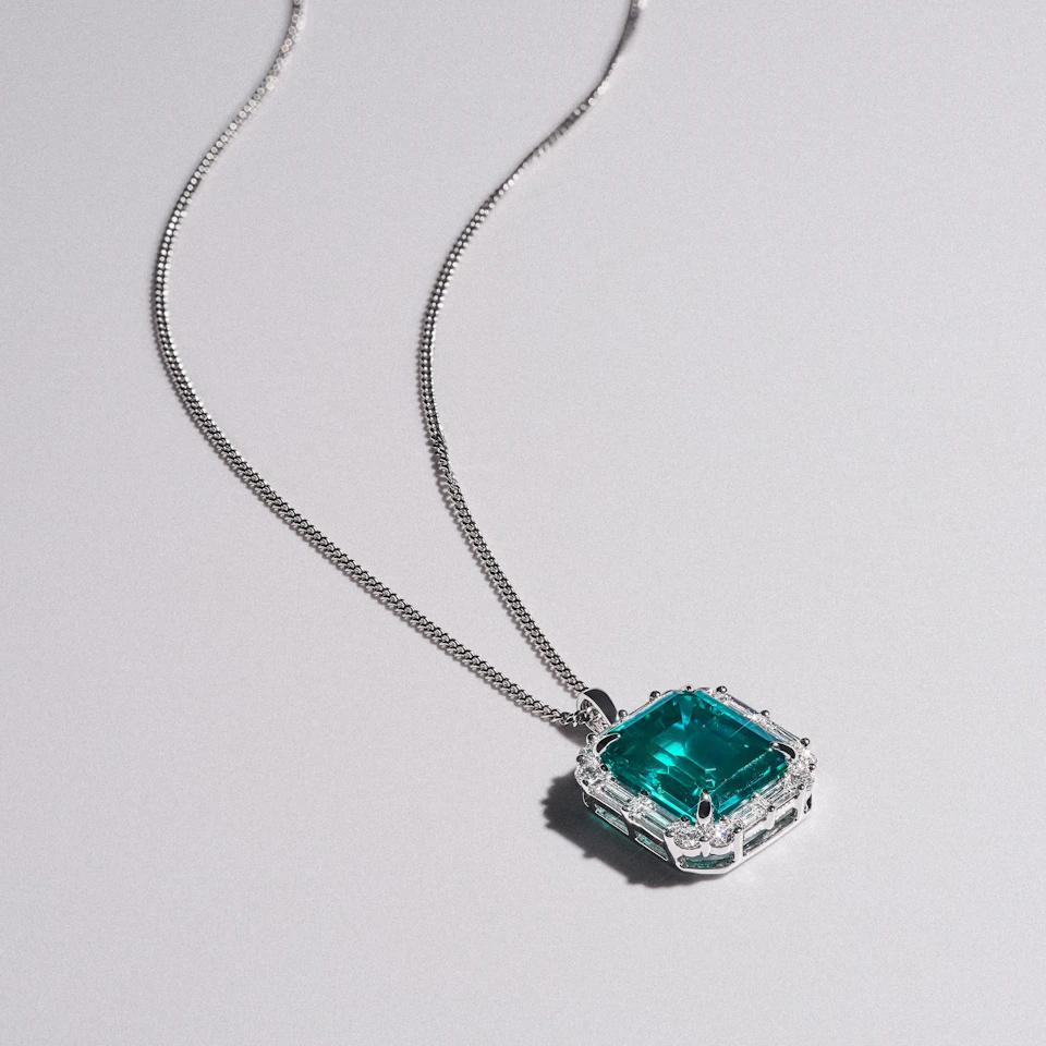 7.00ct Emerald Cut Lab Paraíba Halo Pendant Necklace in 14K White Gold