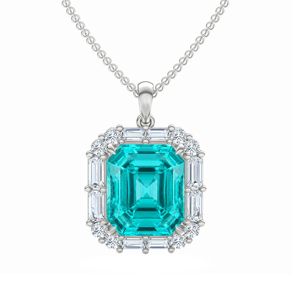 7.00ct Emerald Cut Lab Paraíba Halo Pendant Necklace in 14K White Gold