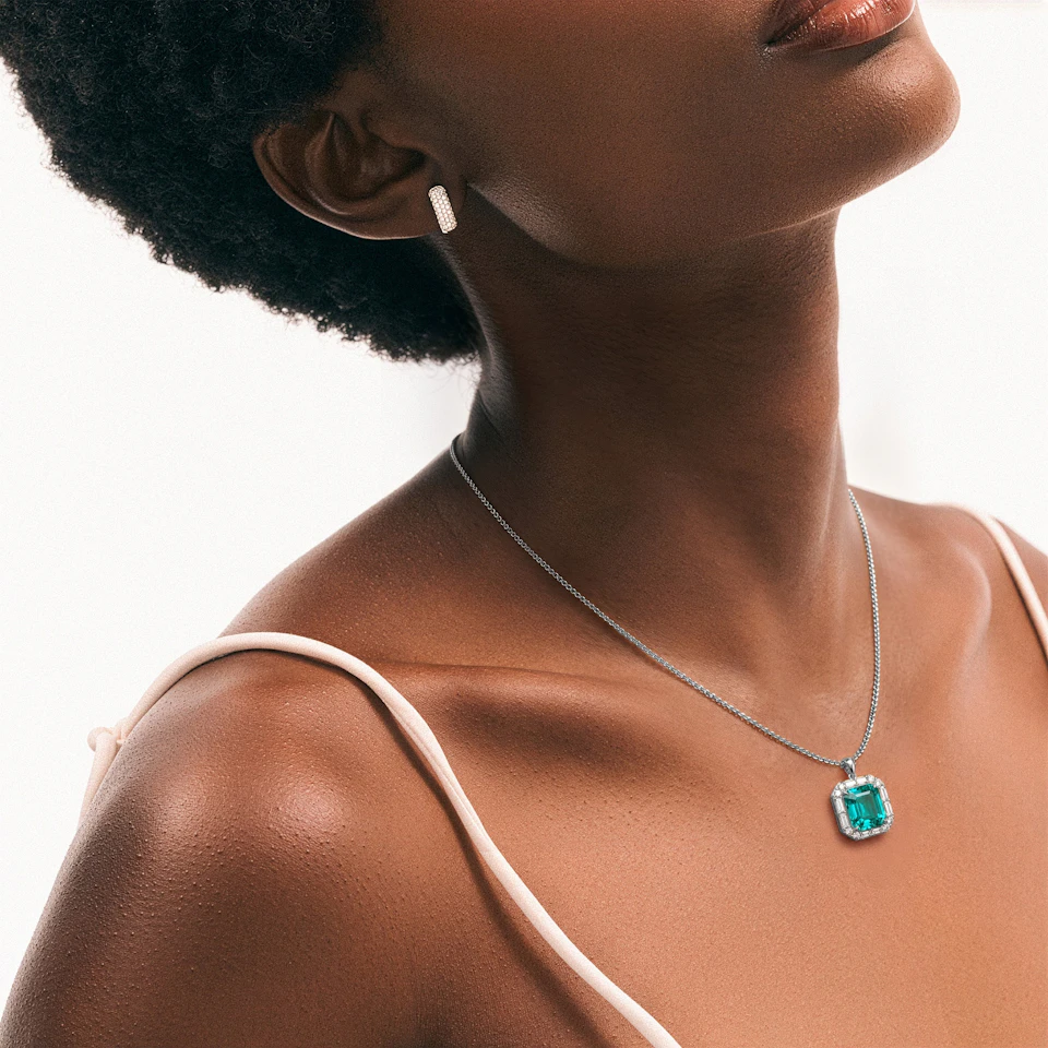 7.00ct Emerald Cut Lab Paraíba Halo Pendant Necklace in 14K White Gold