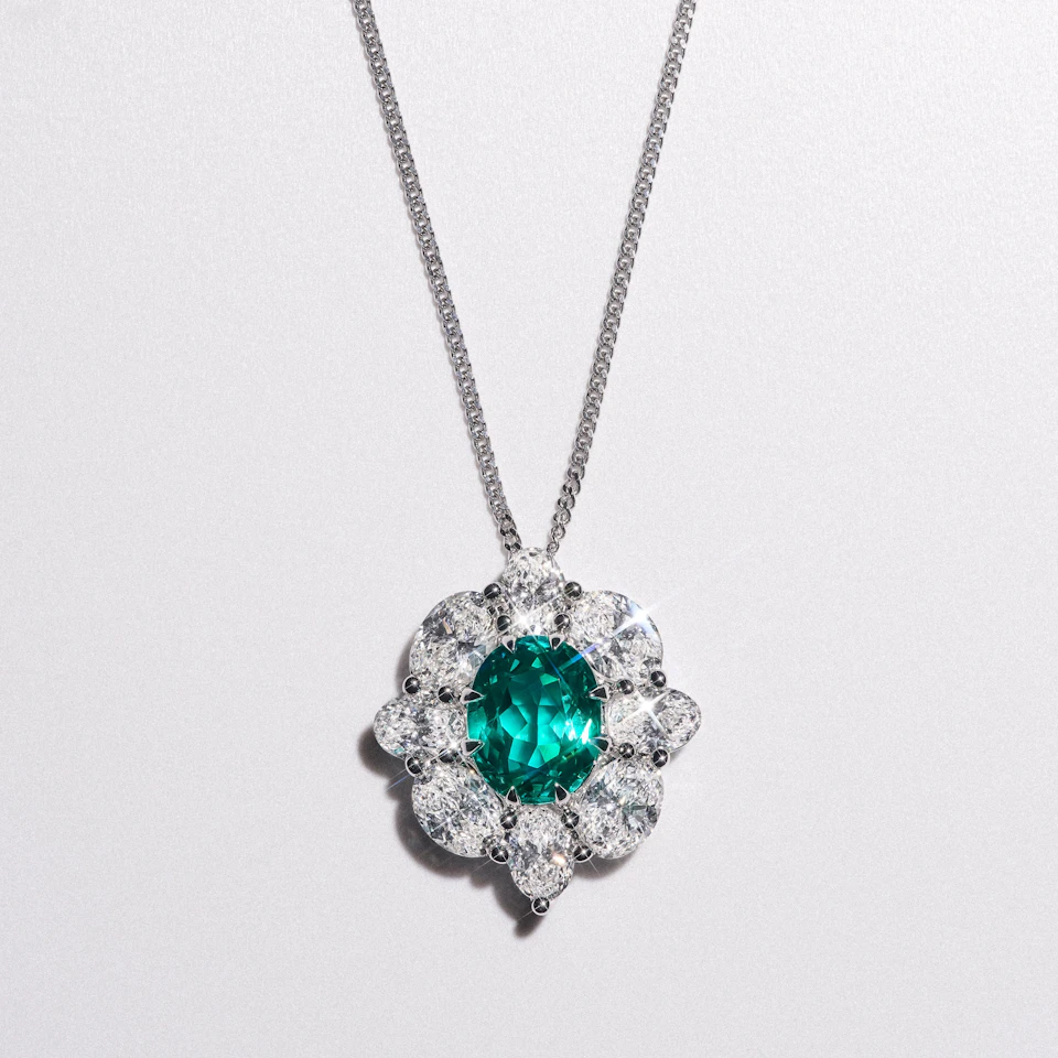 3.20ct Oval Cut Lab Paraíba Halo Pendant Necklace in 14K White Gold