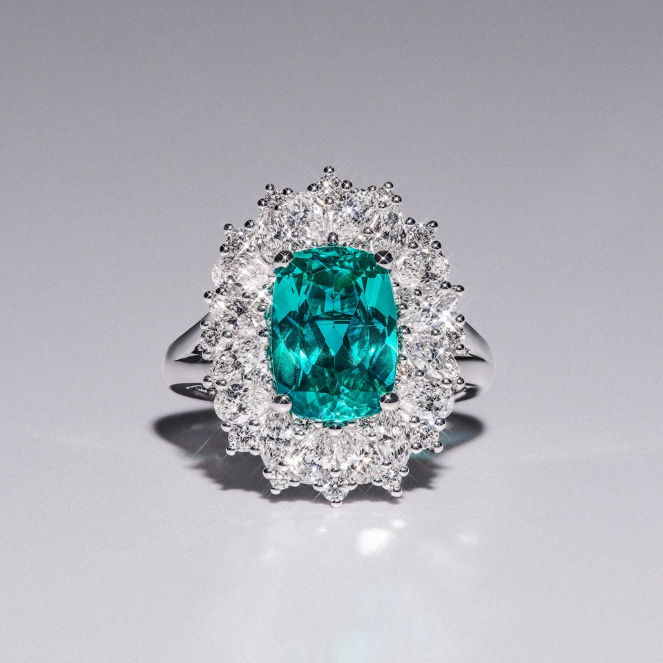 6.10ct Oval Cut Lab Paraíba Halo Ring in 14K White Gold