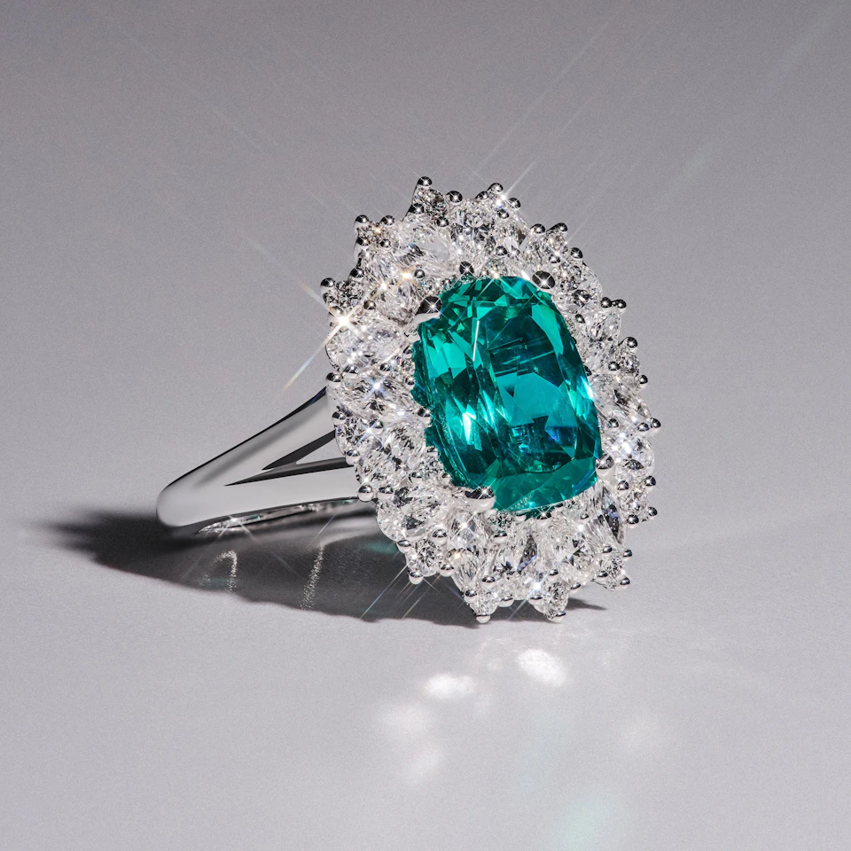 6.10ct Oval Cut Lab Paraíba Halo Ring in 14K White Gold