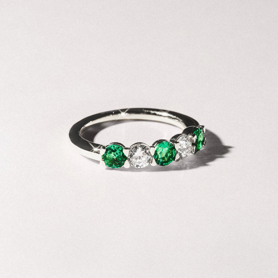 Solene 0.75ct Round Cut Lab Emerald and  Lab Diamond Half Eternity Ring in 18K White Gold