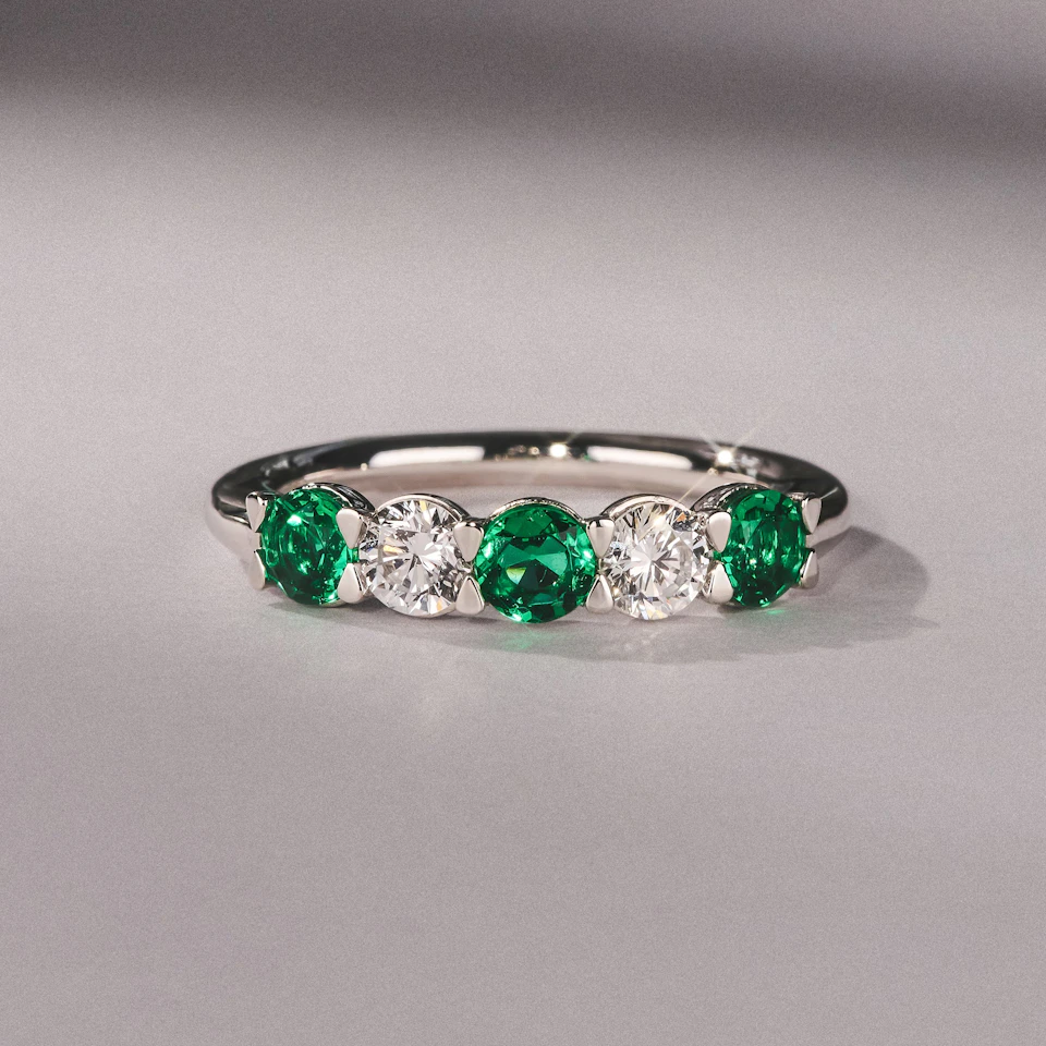 Solene 0.75ct Round Cut Lab Emerald and  Lab Diamond Half Eternity Ring in 18K White Gold