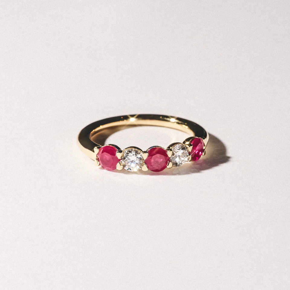 Solene 0.75ct Round Cut Lab Ruby and Lab Diamond Half Eternity Ring in 18K Yellow Gold