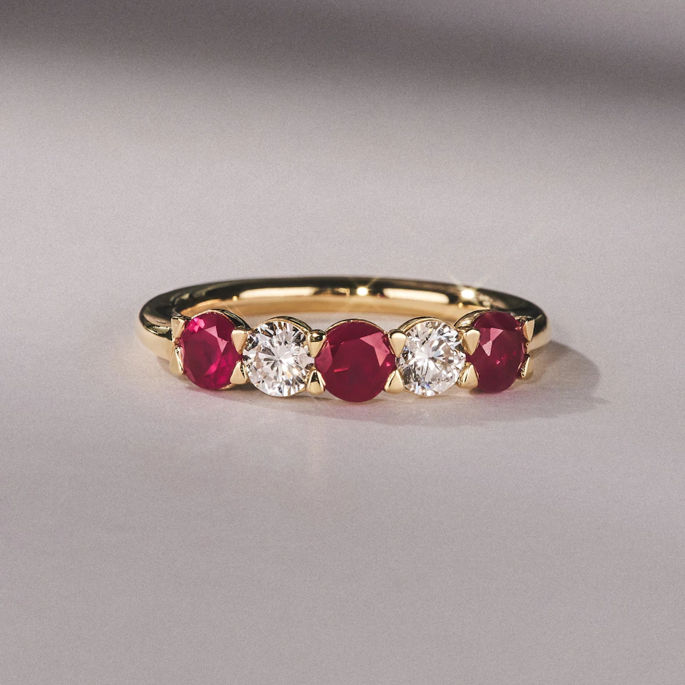 Solene 0.75ct Round Cut Lab Ruby and Lab Diamond Half Eternity Ring in 18K Yellow Gold