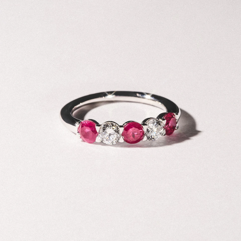 Solene 0.75ct Round Cut Lab Ruby and Lab Diamond Half Eternity Ring in 18K White Gold