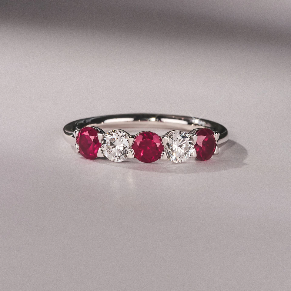 Solene 0.75ct Round Cut Lab Ruby and Lab Diamond Half Eternity Ring in 18K White Gold