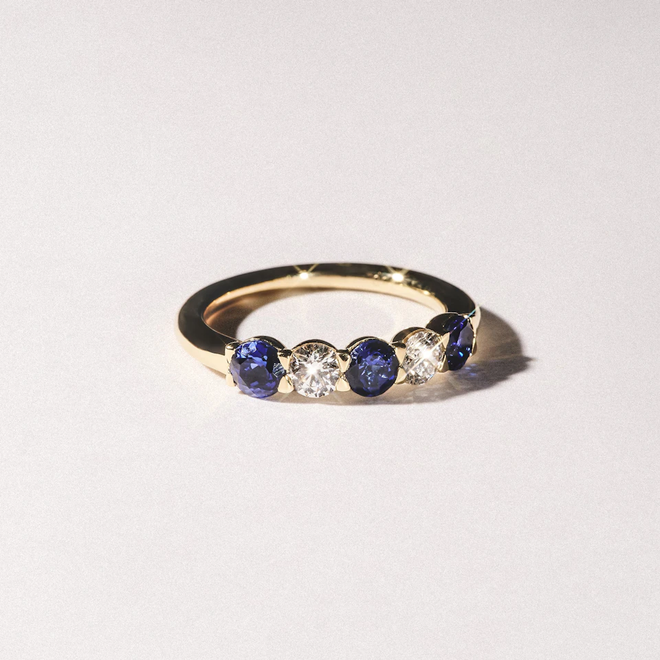 Solene 0.75ct Round Cut Lab Sapphire and Lab Diamond Half Eternity Ring in 18K Yellow Gold