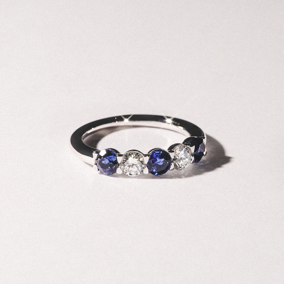 Solene 0.75ct Round Cut Lab Sapphire and Lab Diamond Half Eternity Ring in 18K White Gold