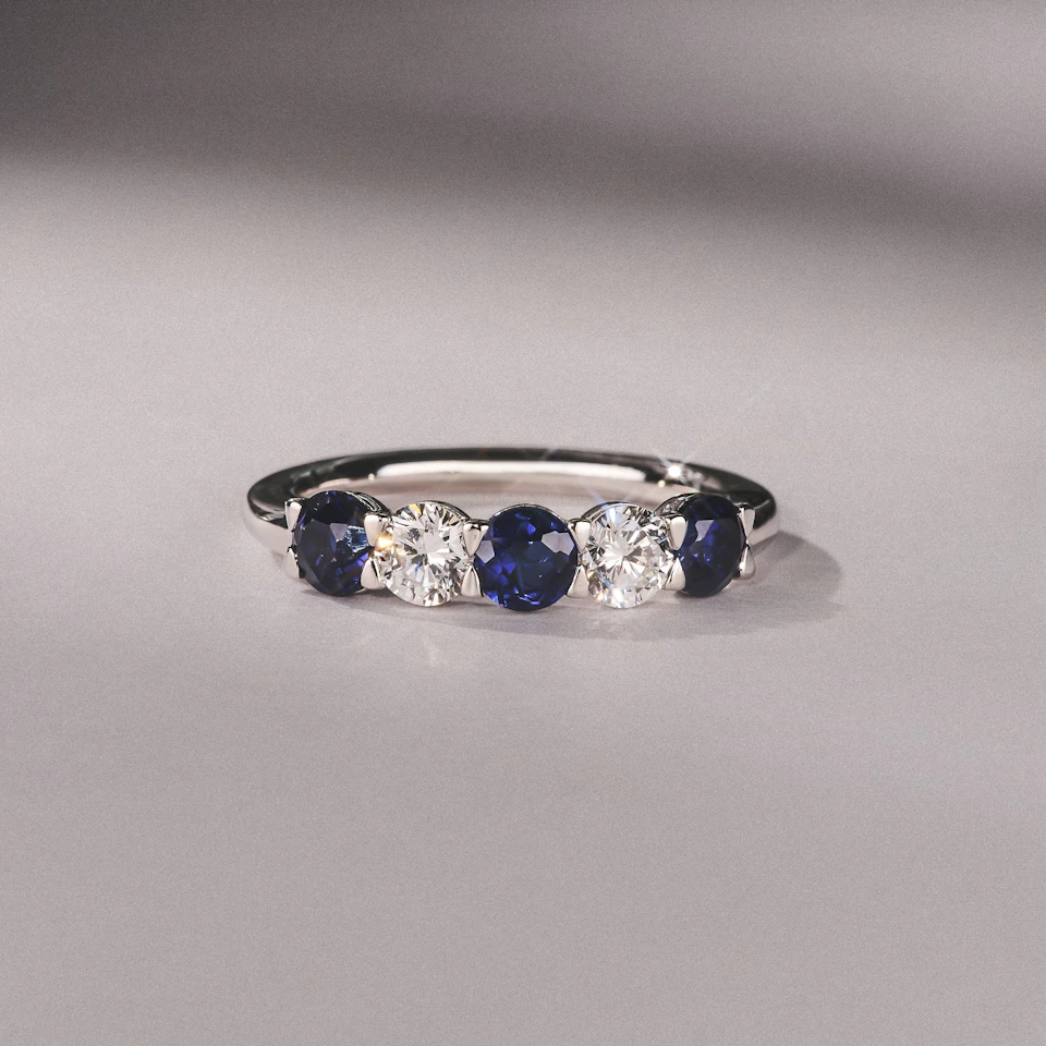Solene 0.75ct Round Cut Lab Sapphire and Lab Diamond Half Eternity Ring in 18K White Gold