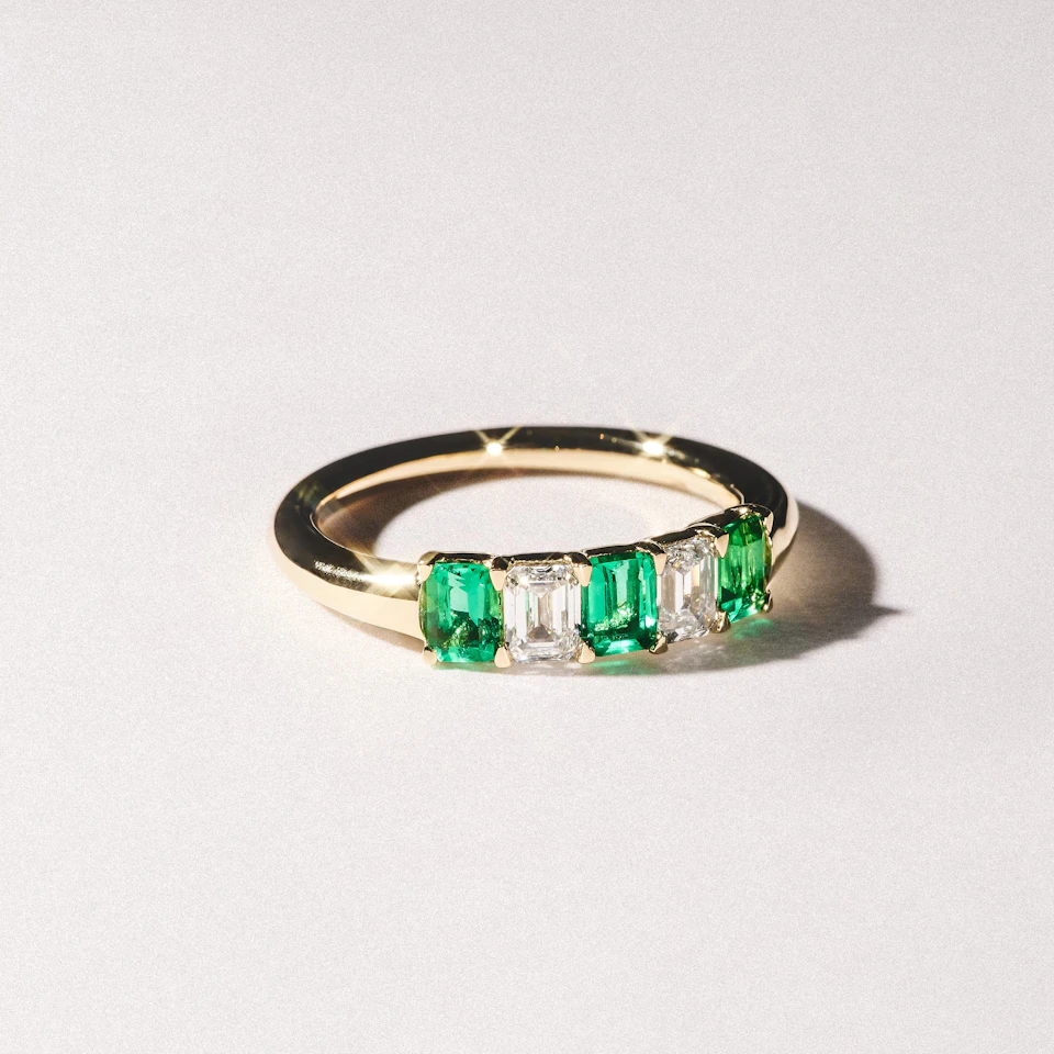 Solene 0.75ct Emerald Cut Lab Emerald and Lab Diamond Half Eternity Ring in 18K Yellow Gold