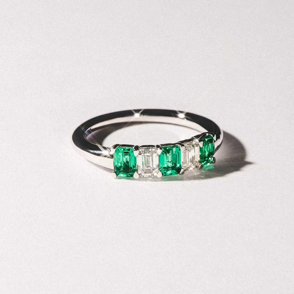 Solene 0.75ct Emerald Cut Lab Emerald and  Lab Diamond Half Eternity Ring in 18K White Gold