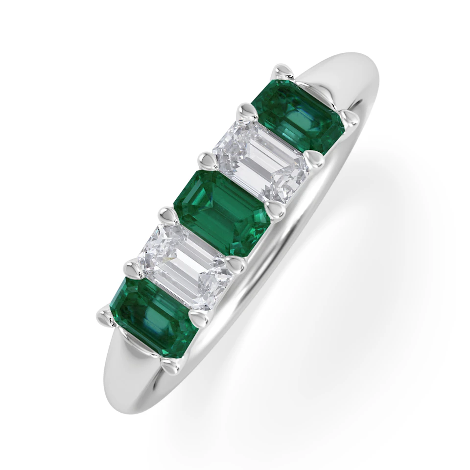Solene 0.75ct Emerald Cut Lab Emerald and  Lab Diamond Half Eternity Ring in 18K White Gold