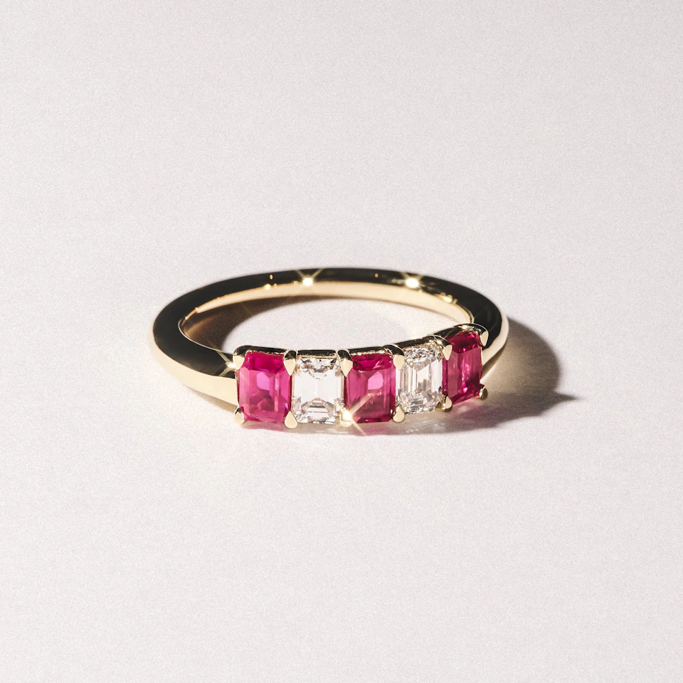 Solene 0.75ct Emerald Cut Lab Ruby and Lab Diamond Half Eternity Ring in 18K Yellow Gold
