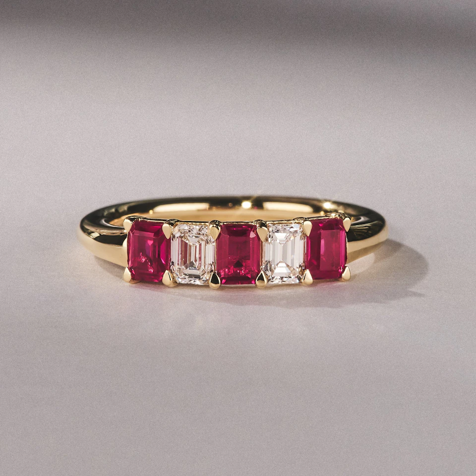 Solene 0.75ct Emerald Cut Lab Ruby and Lab Diamond Half Eternity Ring in 18K Yellow Gold