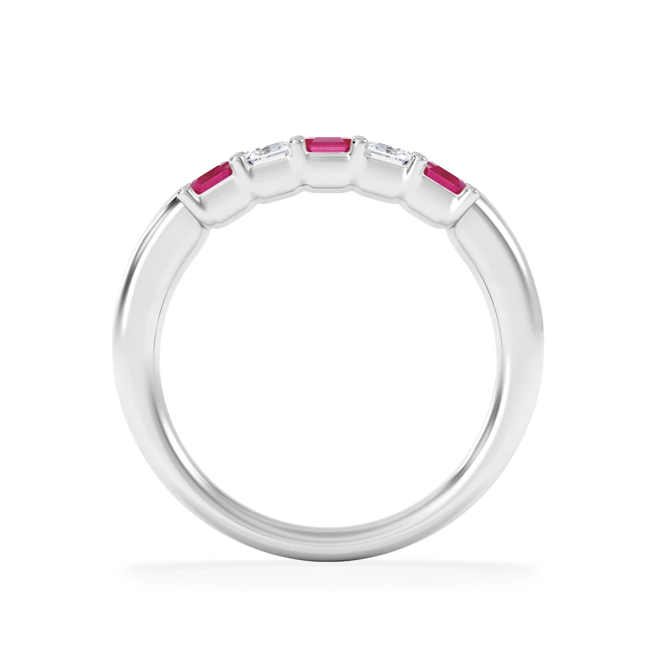 Solene 0.75ct Emerald Cut Lab Ruby and Lab Diamond Half Band Eternity Ring in 18K White Gold