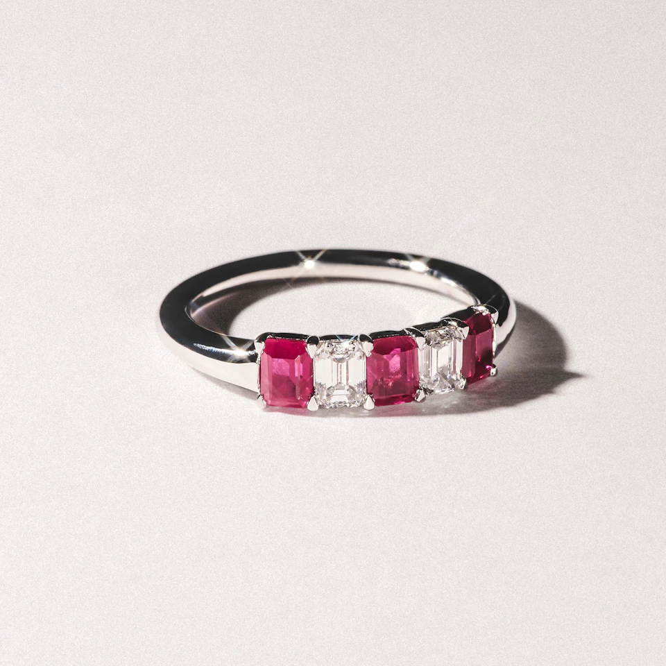 Solene 0.75ct Emerald Cut Lab Ruby and Lab Diamond Half Band Eternity Ring in 18K White Gold