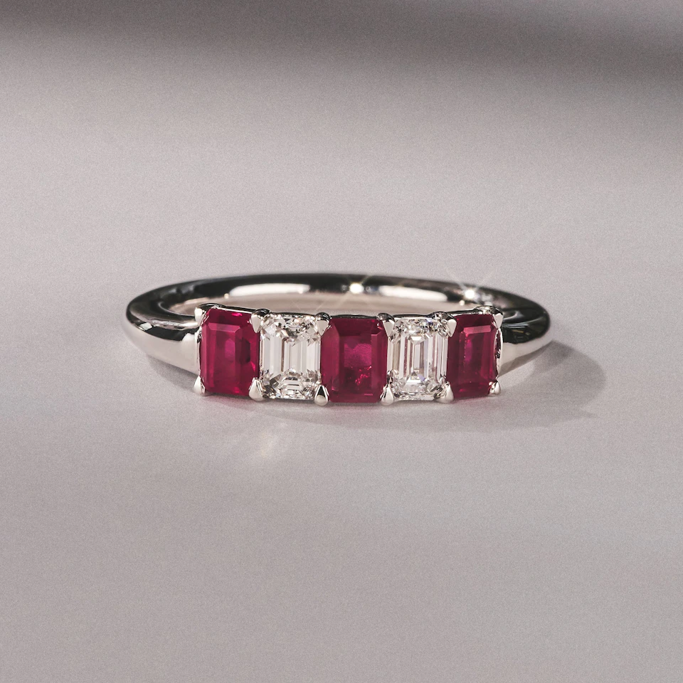 Solene 0.75ct Emerald Cut Lab Ruby and Lab Diamond Half Band Eternity Ring in 18K White Gold