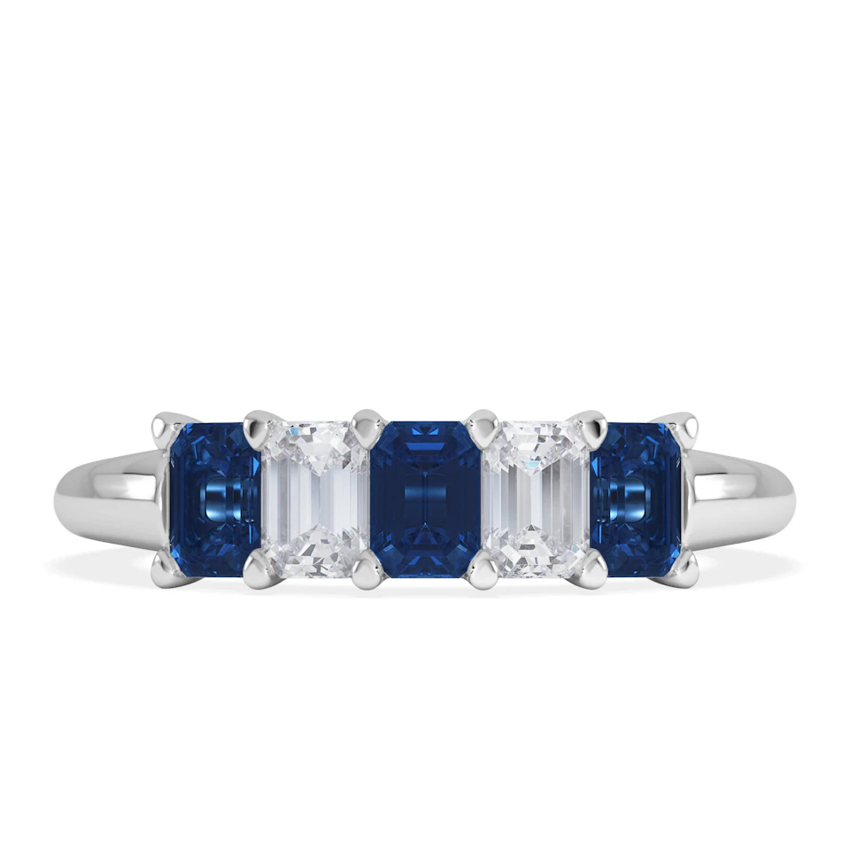 Solene 0.75ct Emerald Cut Lab Sapphire and Lab Diamond Half Band Eternity Ring in 18K White Gold