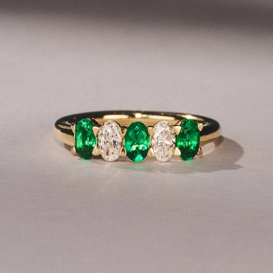 Solene 0.75ct Oval Cut Lab Emerald and Lab Diamond Half Band Eternity Ring in 18K Yellow Gold