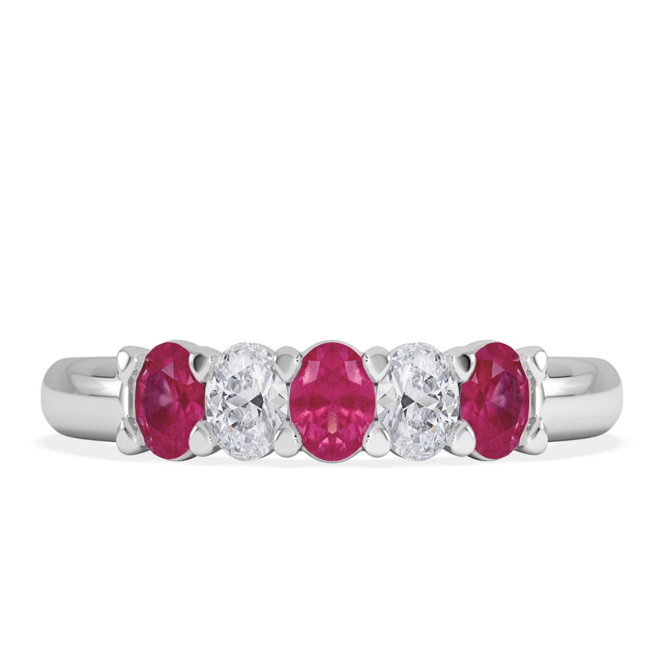 Solene 0.75ct Oval Cut Lab Ruby and Lab Diamond Half Band Eternity Ring in 18K White Gold