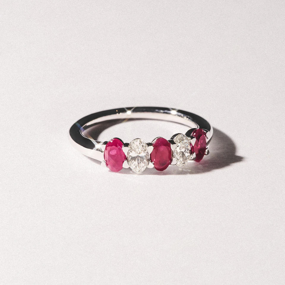 Solene 0.75ct Oval Cut Lab Ruby and Lab Diamond Half Band Eternity Ring in 18K White Gold