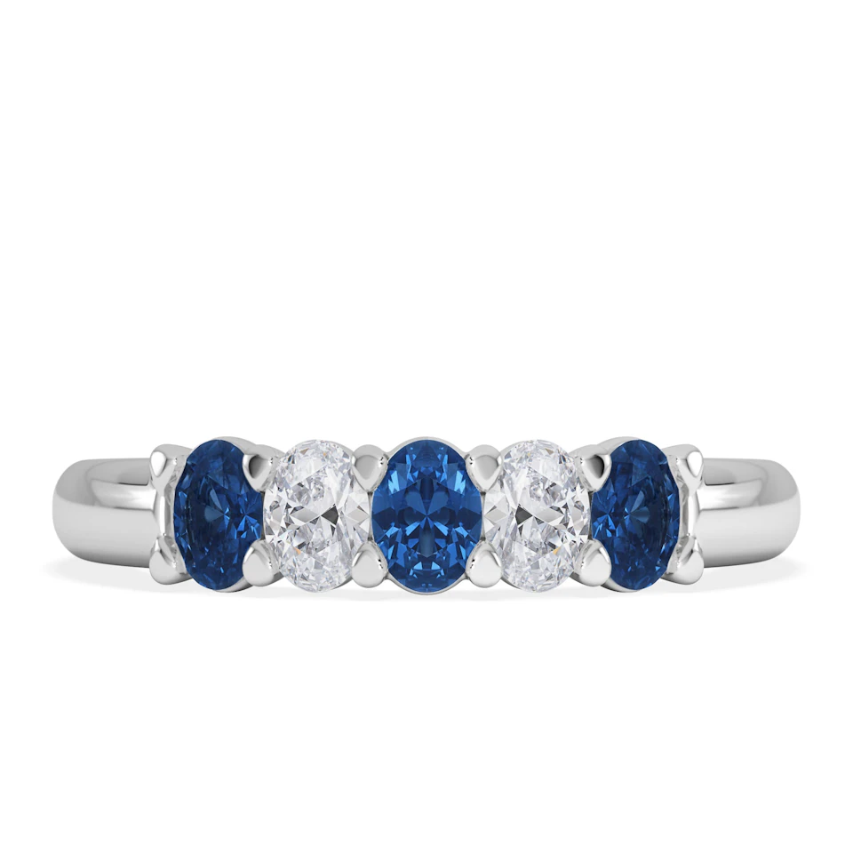 Solene 0.75ct Oval Cut Lab Sapphire and Lab Diamond Half Band Eternity Ring in 18k White Gold