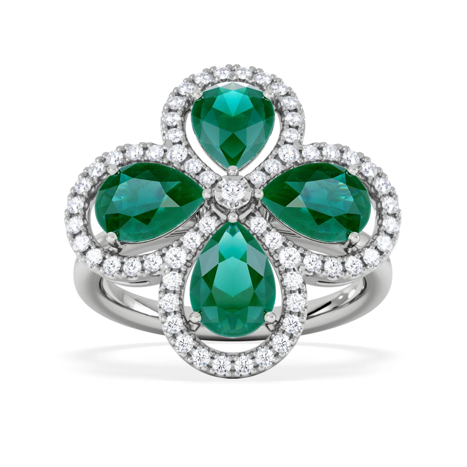 Bloom 3.20ct Lab Emerald and Lab Diamond Ring in 18K White Gold