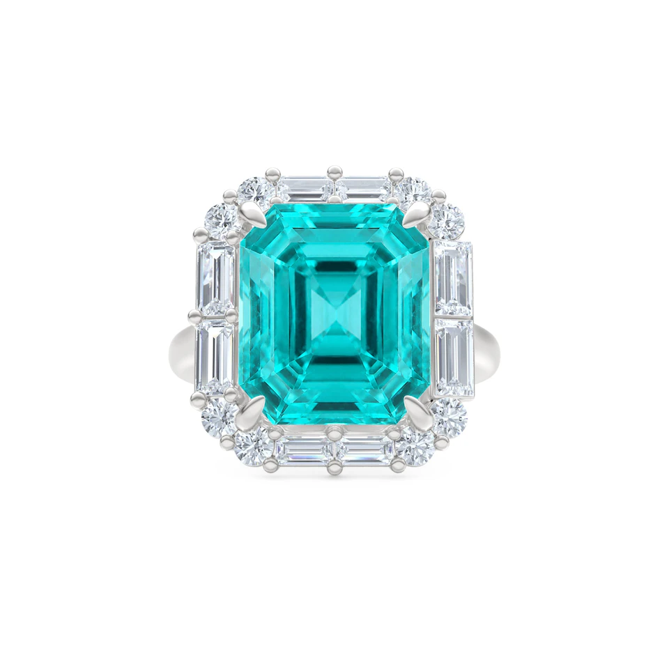 7.00ct Emerald Cut Lab Paraíba Halo Ring in 14K White Gold