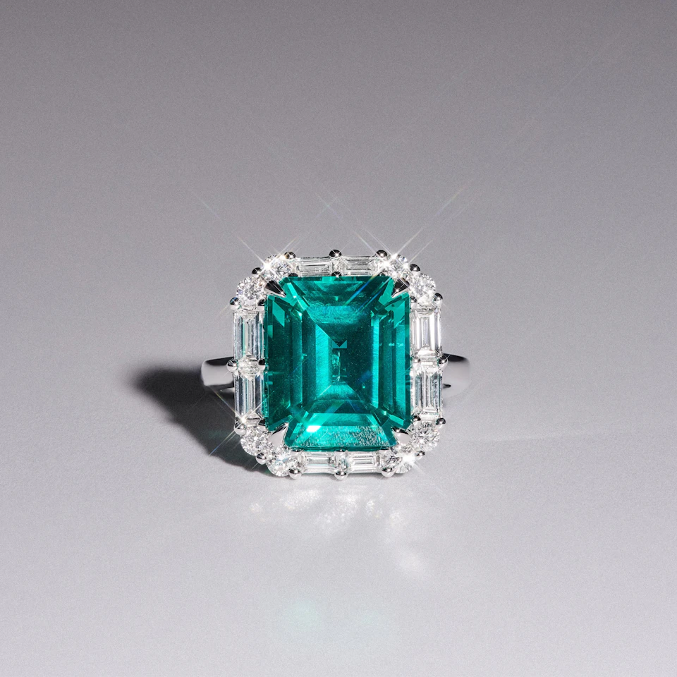 7.00ct Emerald Cut Lab Paraíba Halo Ring in 14K White Gold