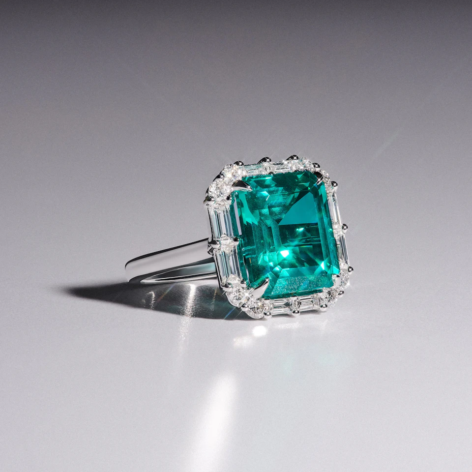 7.00ct Emerald Cut Lab Paraíba Halo Ring in 14K White Gold