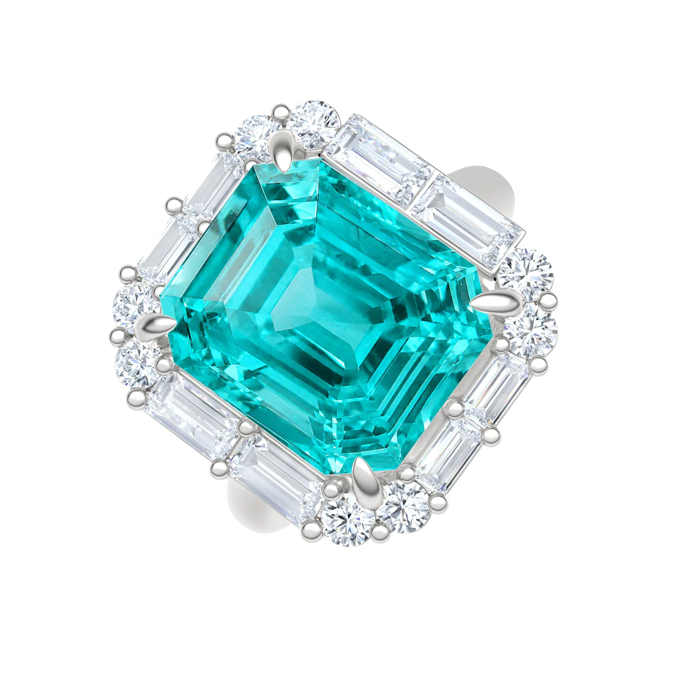 7.00ct Emerald Cut Lab Paraíba Halo Ring in 14K White Gold