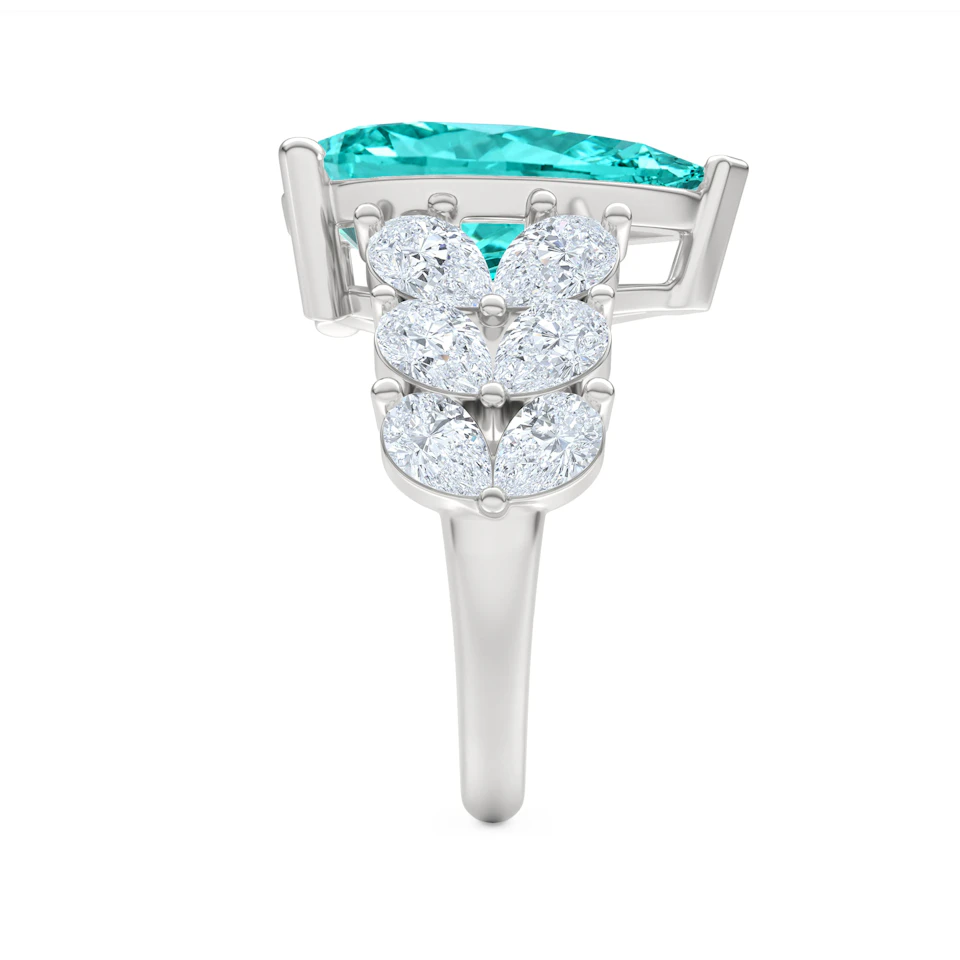 7.00ct Pear Cut Lab Paraíba Ring with Lab Diamond Shoulders in 14K White Gold