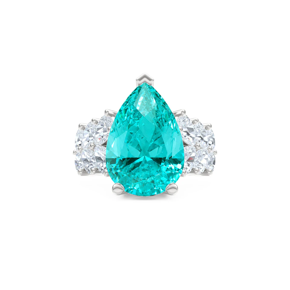 7.00ct Pear Cut Lab Paraíba Ring with Lab Diamond Shoulders in 14K White Gold